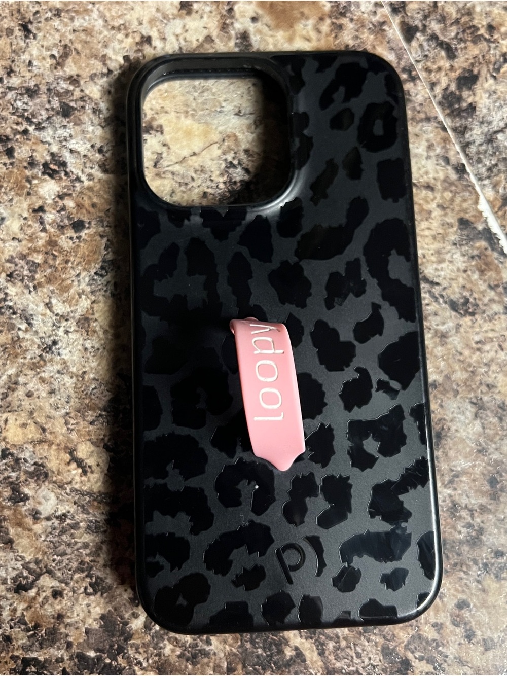 iPhone 13 Pro Loopy Black Leopard Print Phone Case with Pink Loop